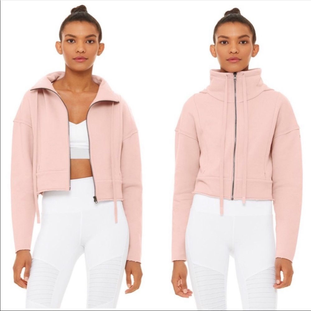 ALO Yoga blush pink high neck loop stitch zip front crop sweatshirt size small